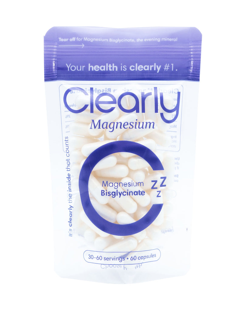 Clearly Magnesium Bisglycinate supplement bottle with label, showcasing the product's packaging and branding.