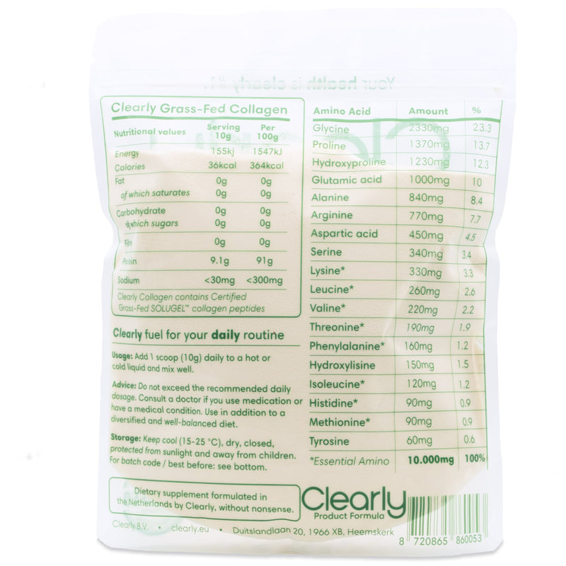 Clearly Grass-fed Collagen powder in a jar, showing the white collagen powder inside, ideal for skin and joint health.