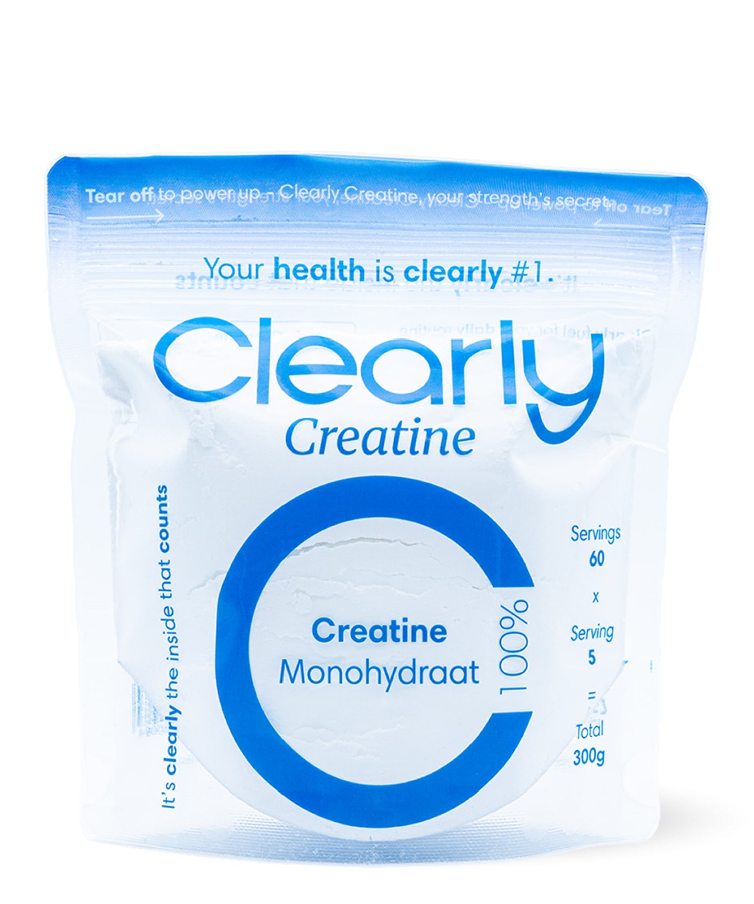 Clearly Creatine supplement container with label visible, showcasing the front of the product for sports nutrition and muscle support.