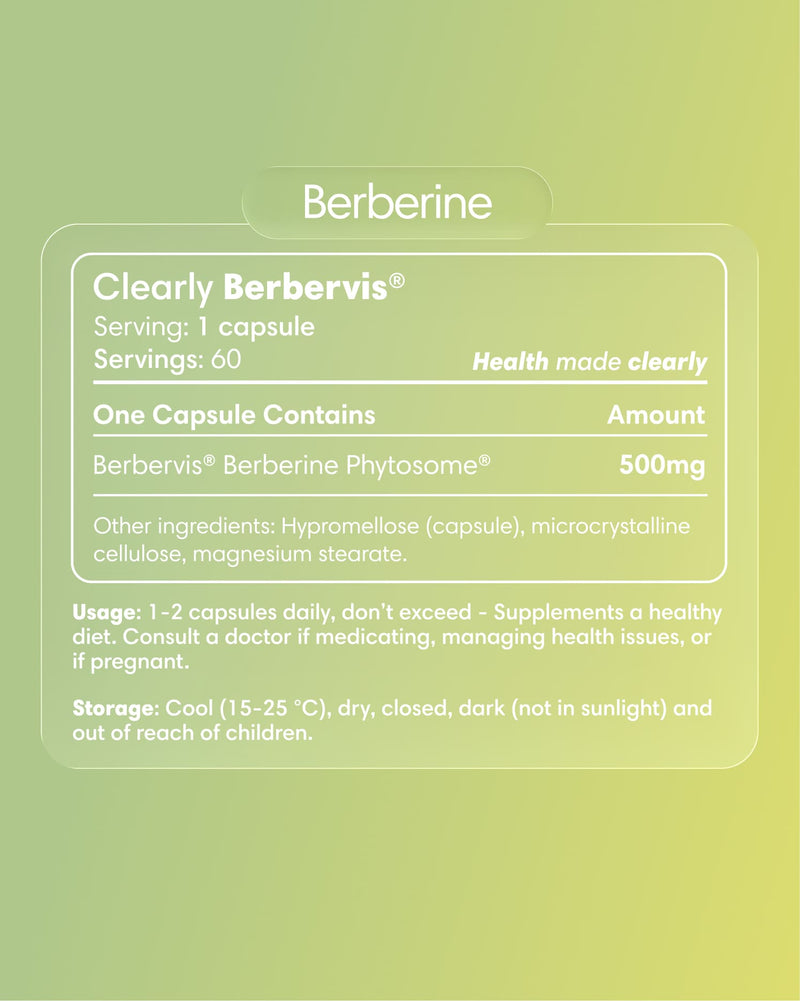 Clearly Berberine capsules with label showing supplement packaging and product information.