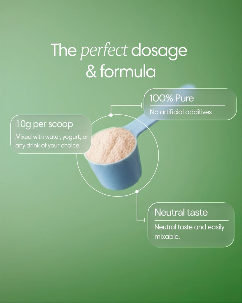 Powdered grass-fed collagen supplement by Clearly, showing a scoop of clear collagen powder in a jar.