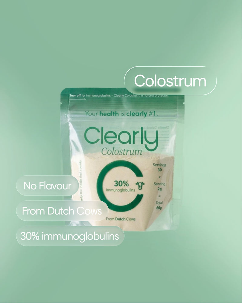Clearly Colostrum supplement bottle with label visible, showcasing the product front for natural, descriptive alt text.