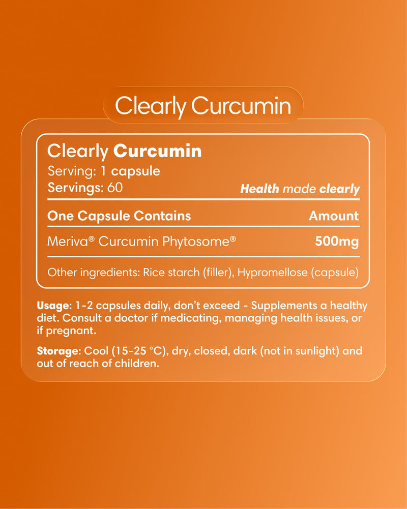 Clearly brand curcumin capsules label showing supplement details and branding on the bottle.