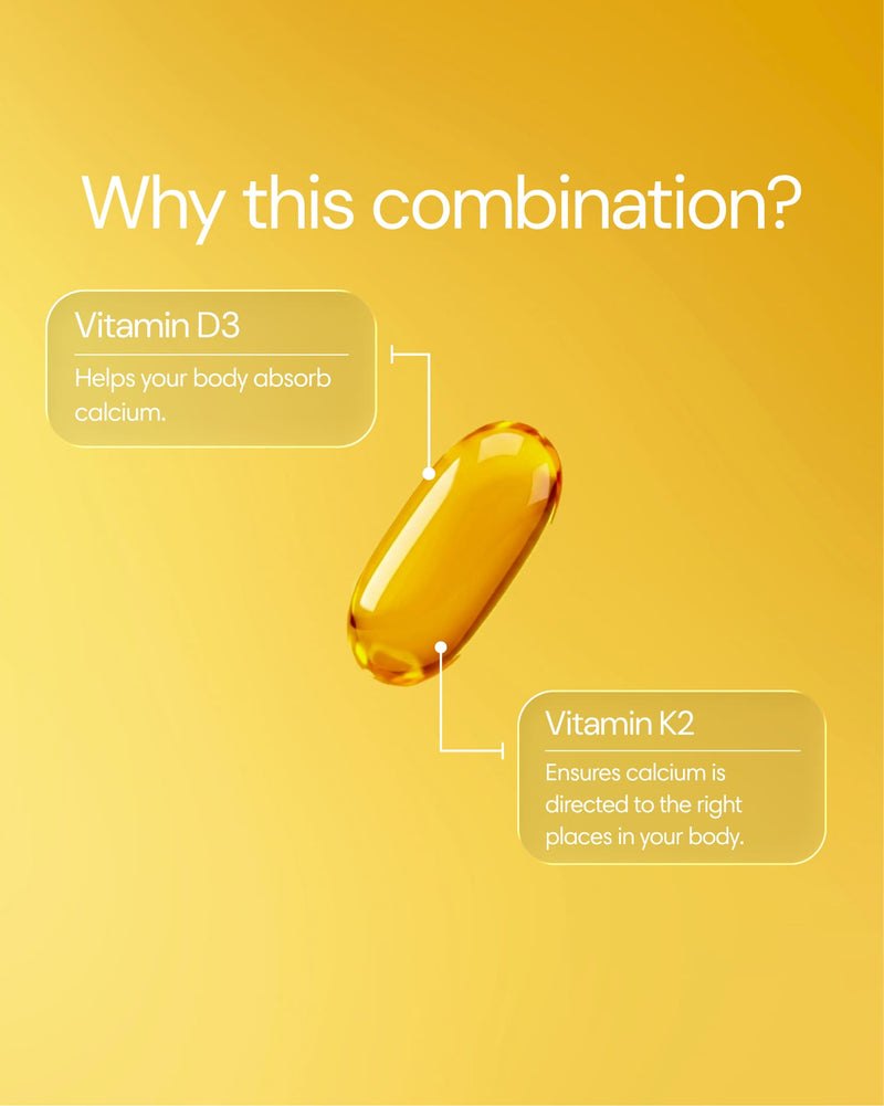 Clearly D3 + K2 supplement capsules showing the softgel capsules and packaging for bone health and immune support.