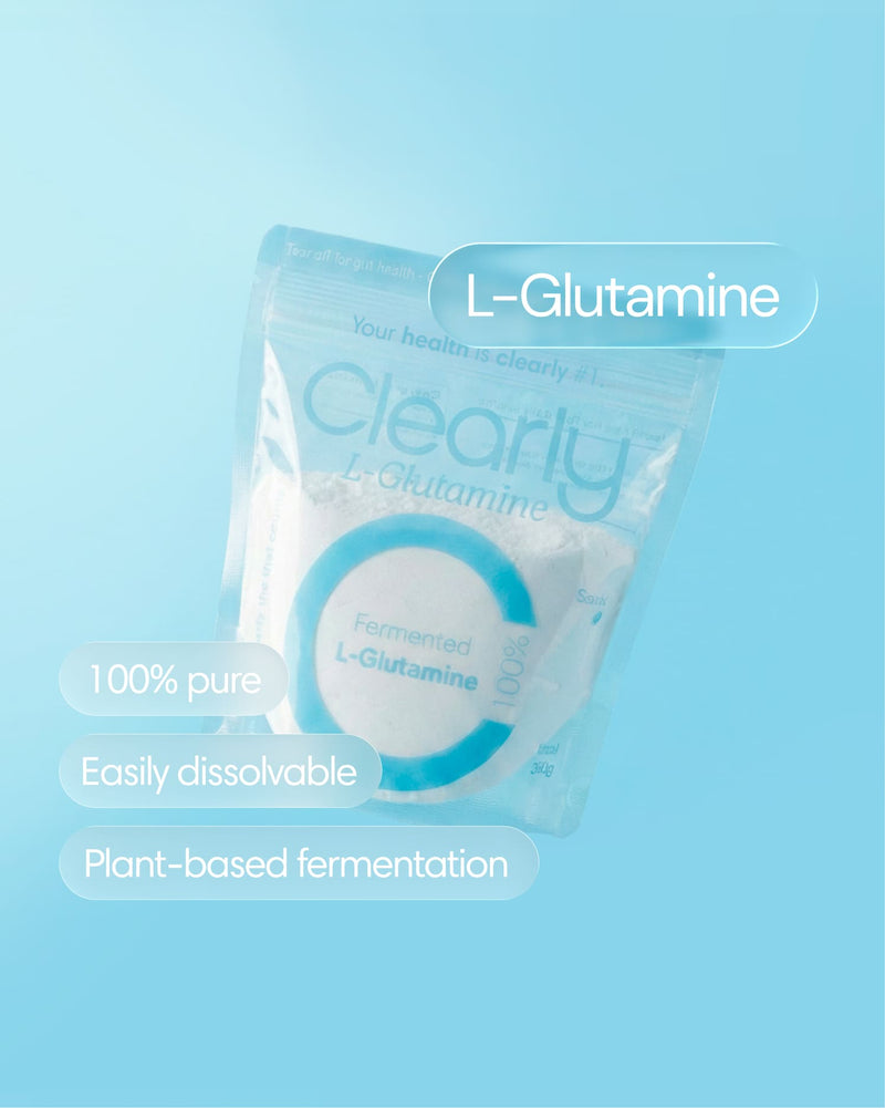 Clearly L-glutamine supplement bottle with white label and blue accents, showing the front view of the dietary supplement container.