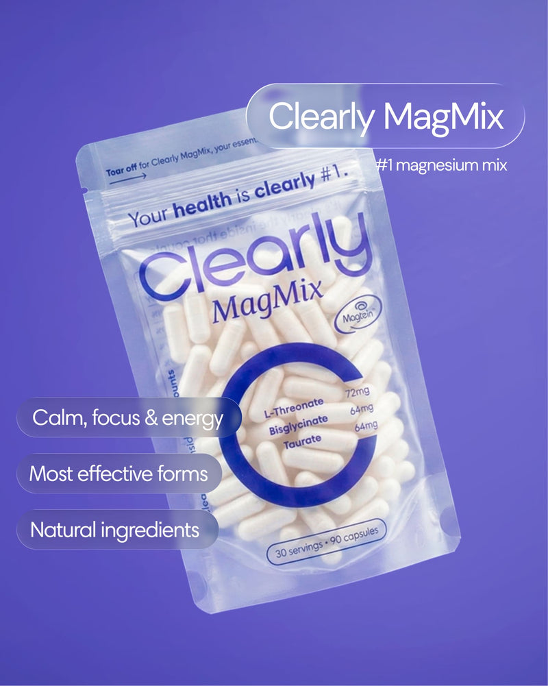 Clearly Magnesium Mix supplement bottle with a white label and colorful design, front view showing the product name.