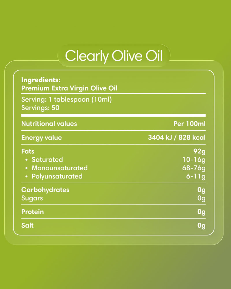Clearly brand extra virgin olive oil bottle with label, showcasing high-quality olive oil for cooking and salads.