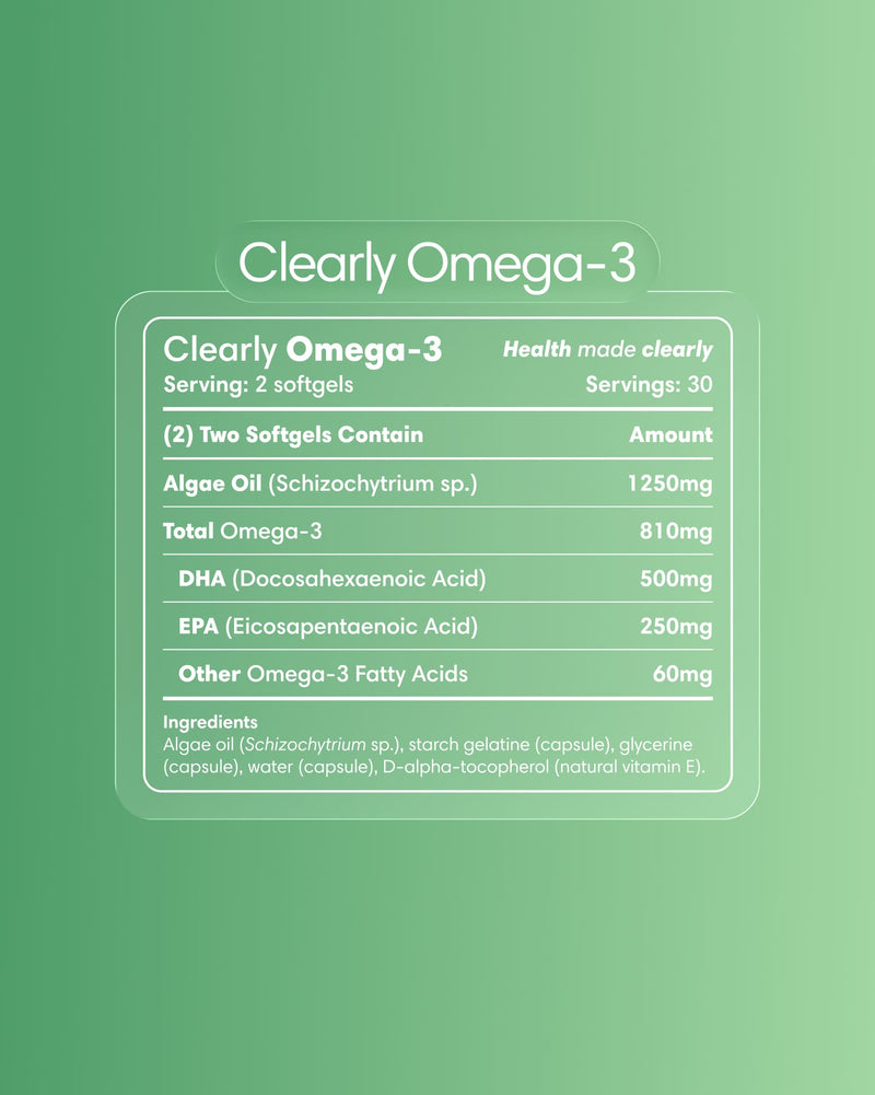 Clearly Omega-3 supplement bottle label showing product name, dosage, and branding details on a white background.