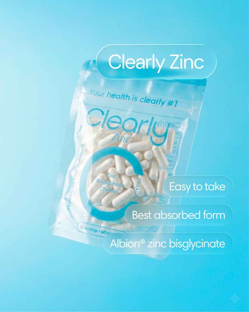 Clearly Zinc supplement bottle with front label visible, showcasing the zinc product designed for health and wellness.