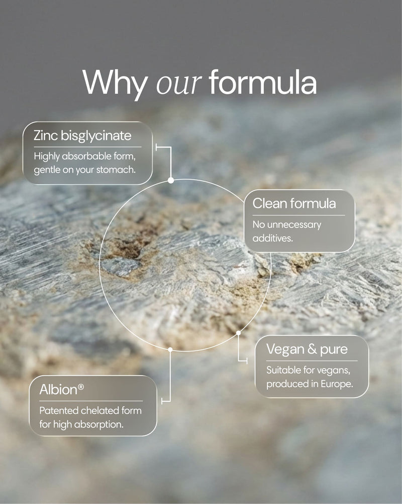 Close-up of Clearly Zinc supplement bottle with zinc tablets, highlighting zinc's ingredient benefits for immune support and skin health.