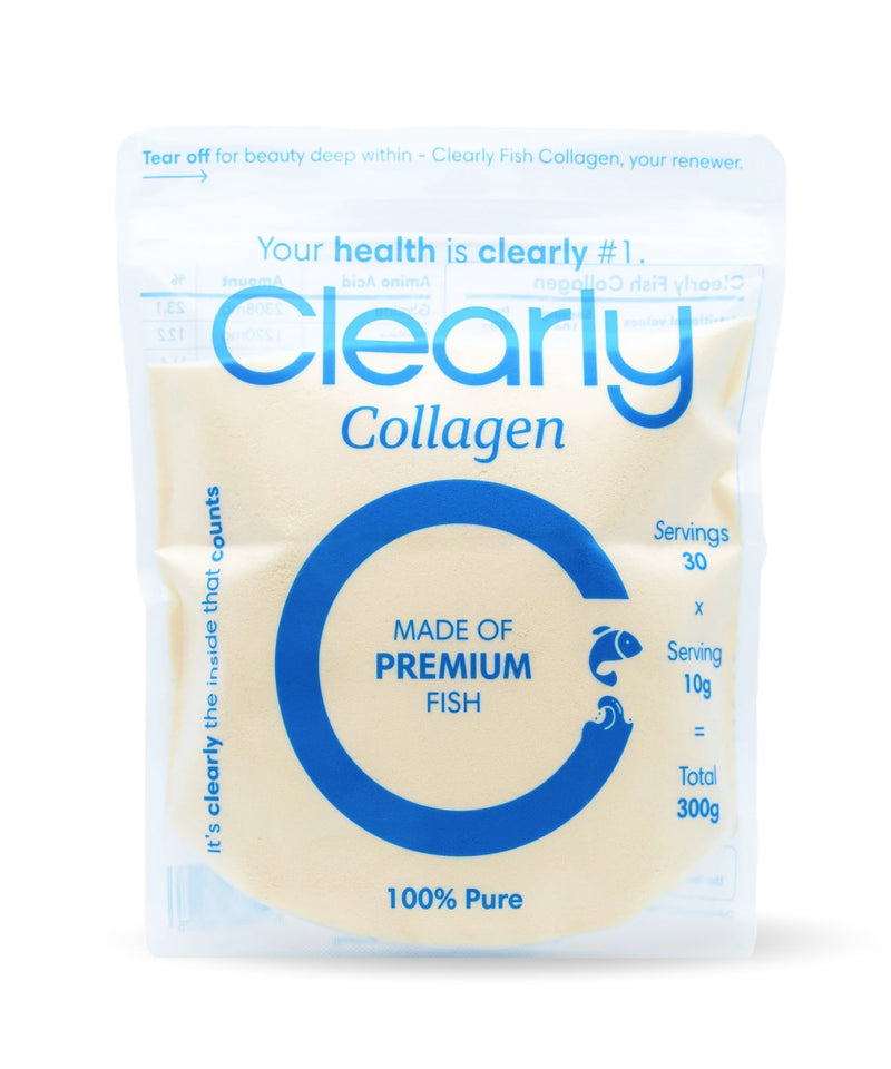 Clearly Fish Collagen bottle with label front view, showcasing the product's packaging and branding.
