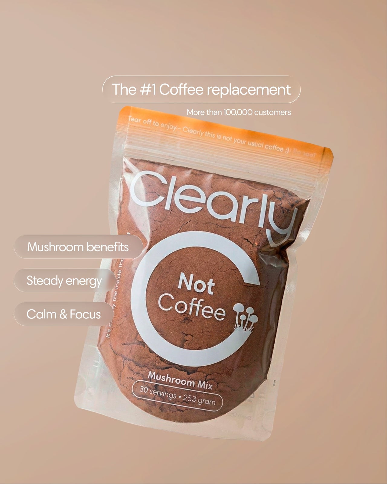 “Clearly Not Coffee mushroom coffee alternative featuring benefits like stable energy, calm focus and natural ingredients.”