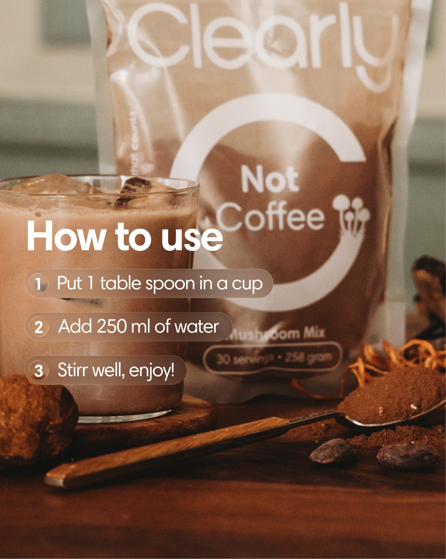 “Instructions for preparing Clearly Not Coffee: add one tablespoon to a cup, mix with 250 ml of water, stir well and enjoy.”