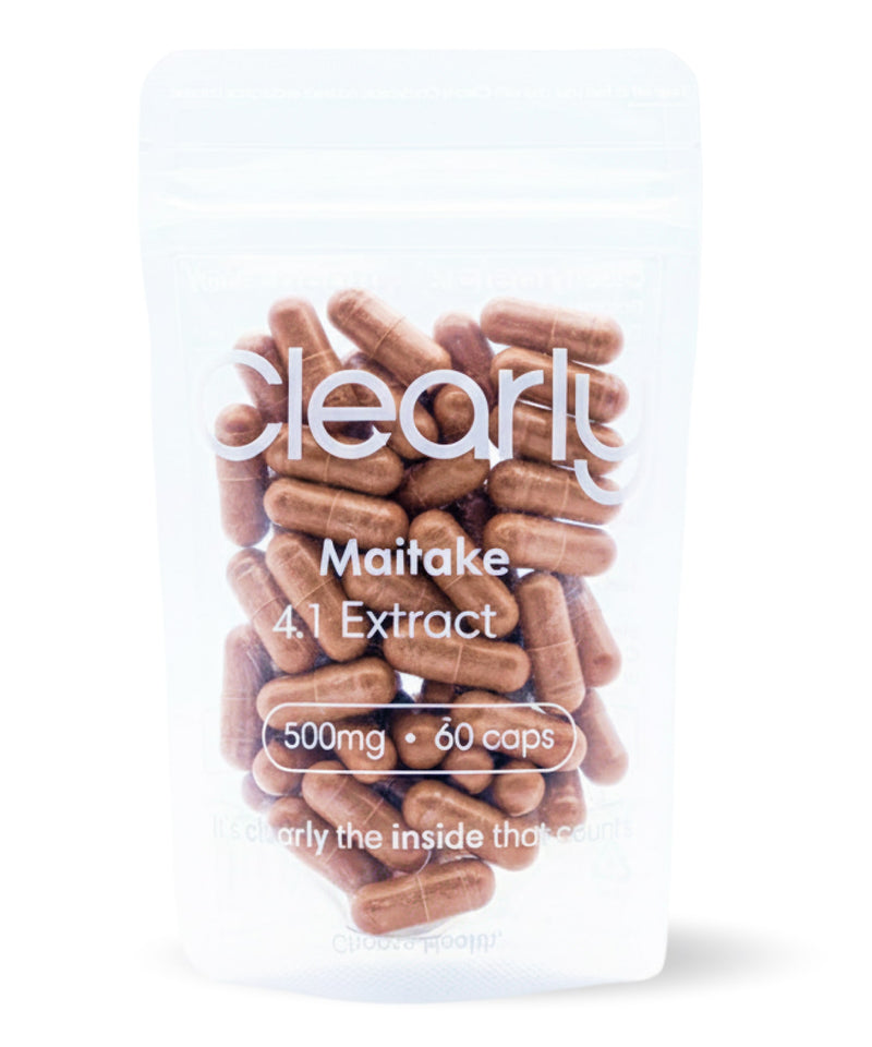 Fresh Clearly Maitake mushroom with textured, layered caps and sturdy stem, ready for culinary use.