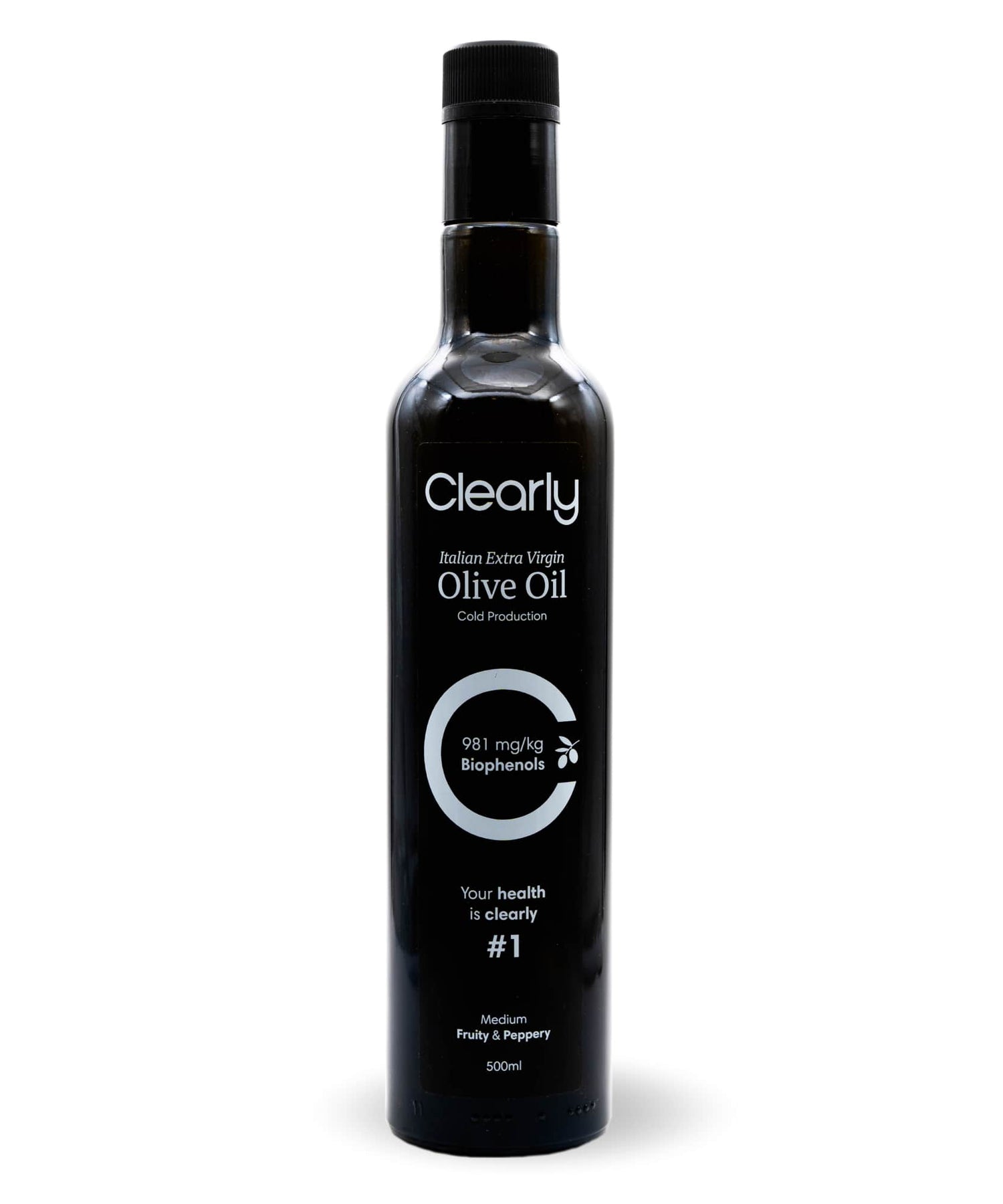 Clearly Extra Virgin Olive Oil bottle with a label, displayed front view, highlighting premium quality and authentic olive oil.