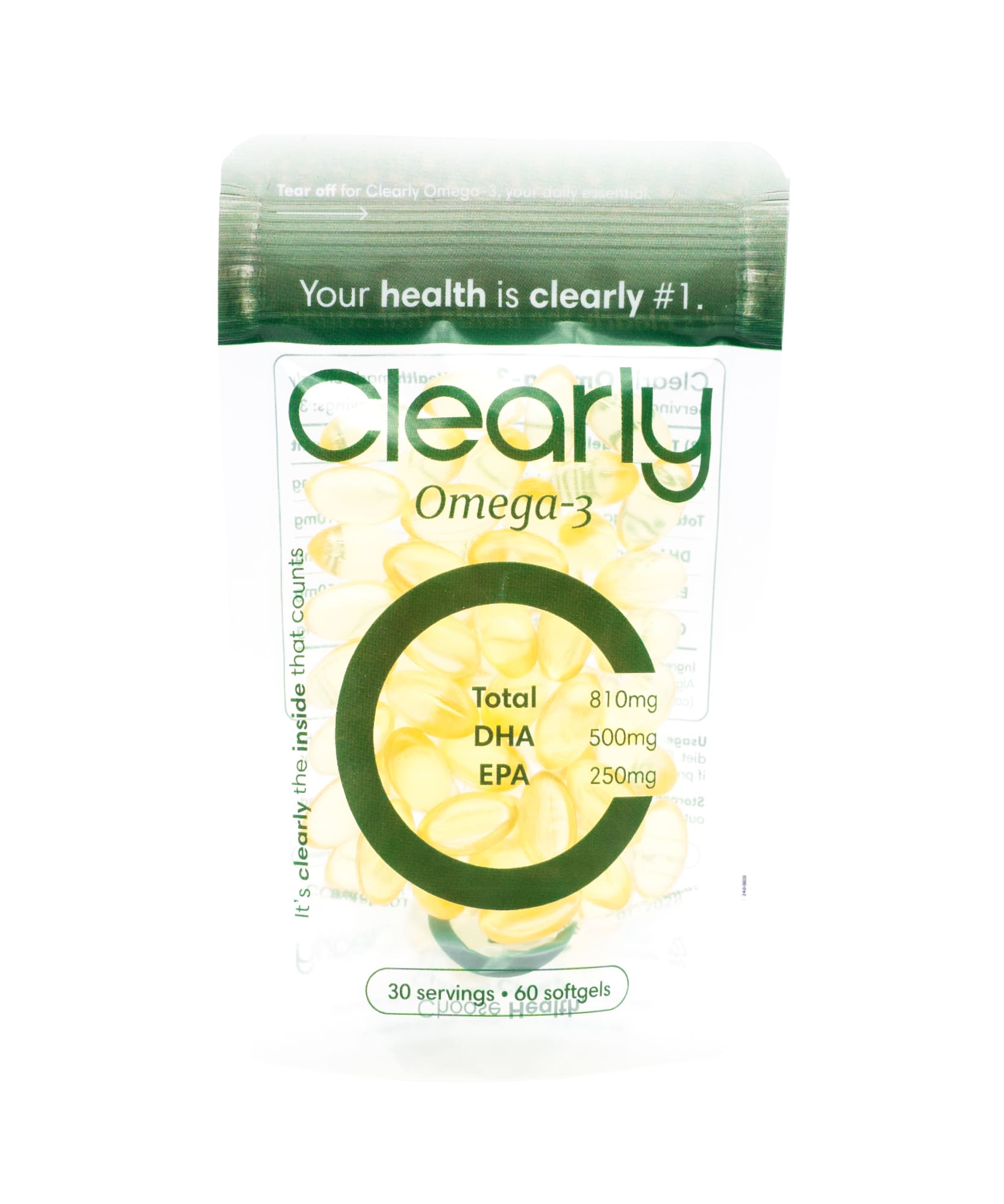 Clearly Omega-3 supplement bottle with softgel capsules displayed on a white background.