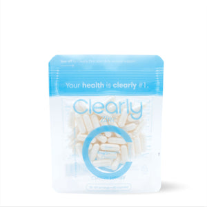 Clearly Zinc supplement bottle with capsules, shown alongside omega-3 capsules on a white background.