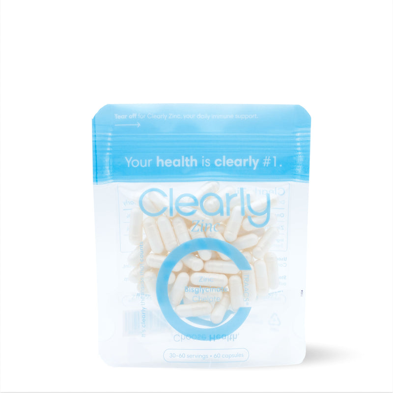 Clearly Zinc supplement bottle with zinc tablets on a white background, highlighting dietary zinc support and supplement details.