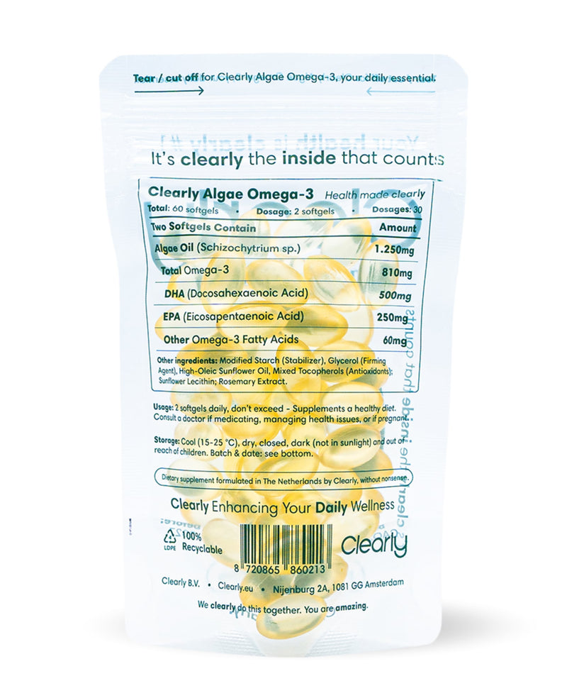 Clearly Omega-3 supplement bottle showing the label with capsules inside, emphasizing healthy omega-3 fatty acids for heart health.