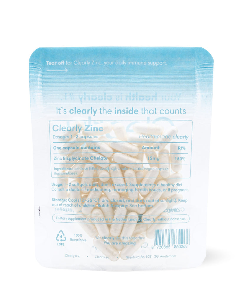 Clearly Zinc supplement bottle with a zinc label, shown from the back, featuring capsules inside and product details on the label.