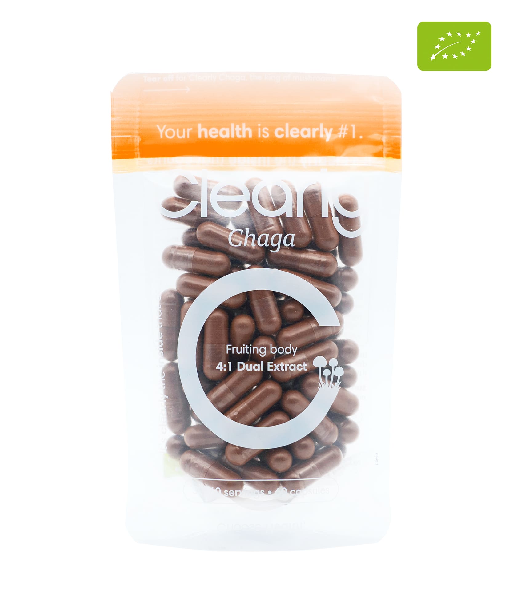 Organic Chaga capsules by Clearly, showing the supplement bottle with capsules inside, emphasizing natural health benefits.
